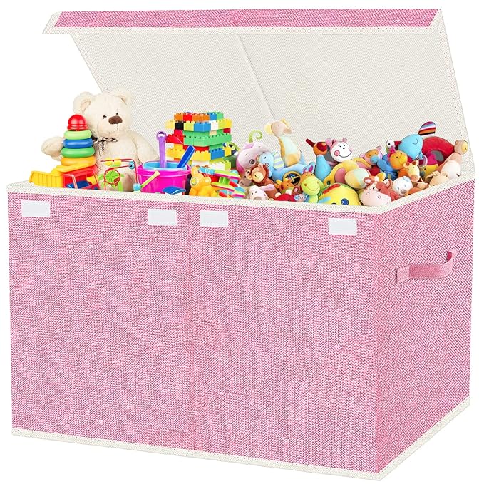 VERONLY Large Collapsible Toy Storage Box with Lid & Handles - Kids Organizer Chest for Toys, Clothes, Blankets (Pink, Nurser