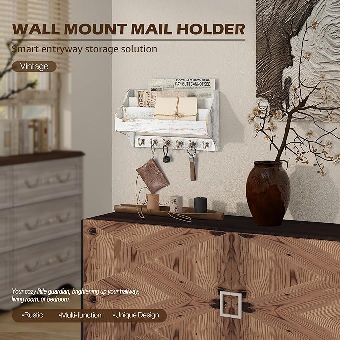 Rebee Vision Pine Wood Key Holder Wall Mount - Farmhouse 3-Tire Mail Holder for Wall with 6 Key Hooks for Home Decor- Multifu