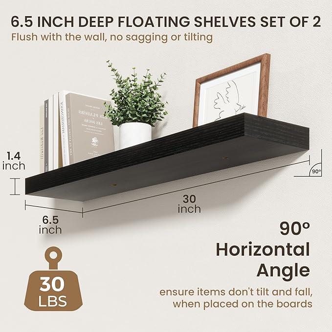 30 Inch Floating Shelves | 6.5 Inch Deep Black Floating Shelves Set of 2 | 30" W x 6.5" D Rustic Black Wood Wall Shelves with