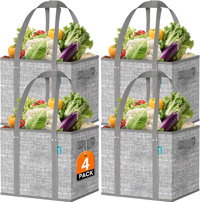 Fab totes Reusable Grocery Bags, Large Foldable Shopping Tote Bags with Reinforced Handles & Hard Bottom,4 Pack, Grey