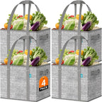 Fab totes Reusable Grocery Bags, Large Foldable Shopping Tote Bags with Reinforced Handles & Hard Bottom,4 Pack, Grey