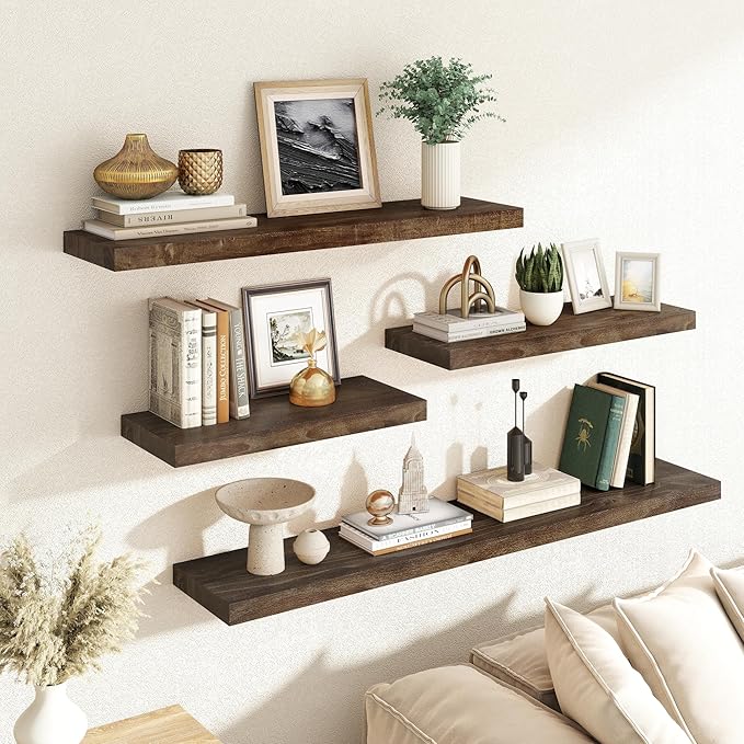 RICHFOCUS Elm Floating Shelves for Wall - 24" W x 9.3" D Rustic Solid Wood Shelves with Invisible Bracket, Wall-Mounted for L