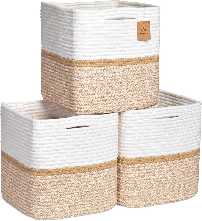 NaturalCozy Storage Cubes 11 Inch Cotton Rope Woven Baskets for Organizing, 3-Pack | Cube Storage Bin | Square Storage Basket