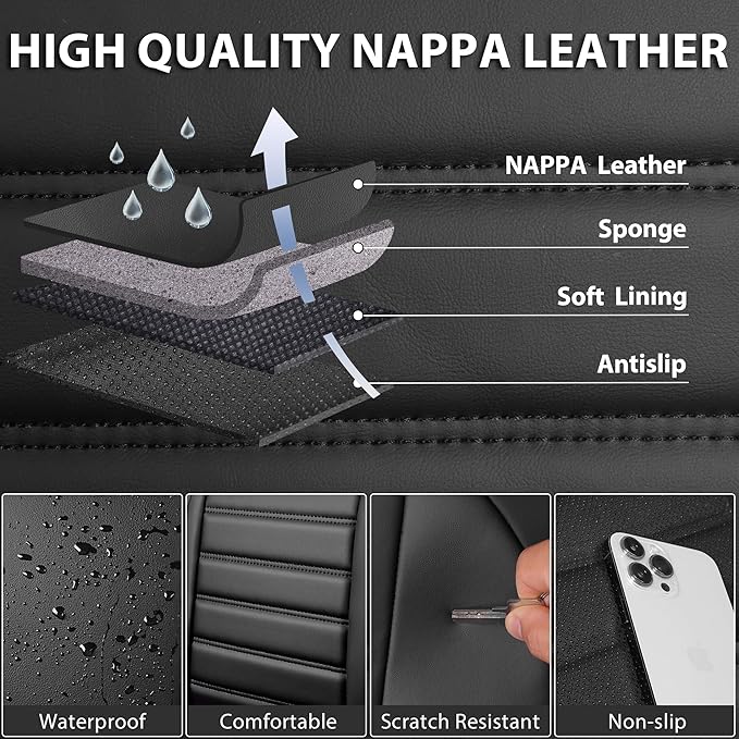 CAR PASS Nappa Leather Car Seat Covers Full Set, Luxury Seat Protector for Cars, Waterproof Anti-Slip Car Seat Cushion Armres