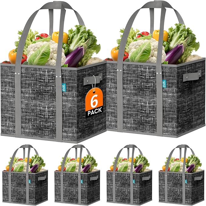 Fab totes Reusable Grocery Bags, Large Foldable Shopping Tote Bags with Reinforced Handles & Hard Bottom,6 Pack, Black