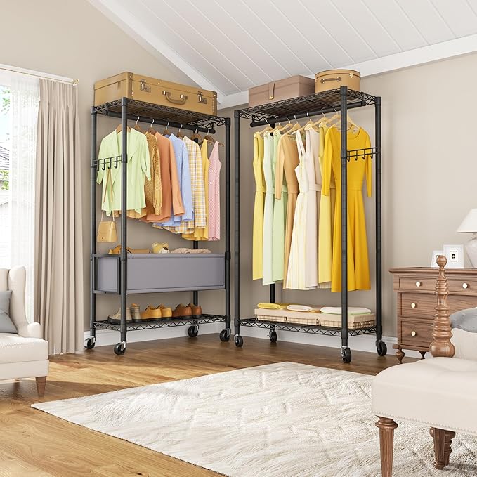 Heavy Duty Clothes Rack Rolling Garment Rack,3 Tier Adjustable Wire Shelving Clothing Racks for Hanging Clothes with Double R