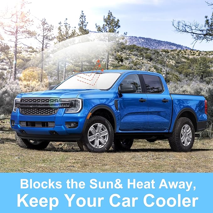 Front Windshield Sun Shade Foldable Front Window Sun Shield Visor Custom Fit for 2019-2024 Fo-rd Ranger Block UV Rays Car Accessories Heat Keep Car Cooler