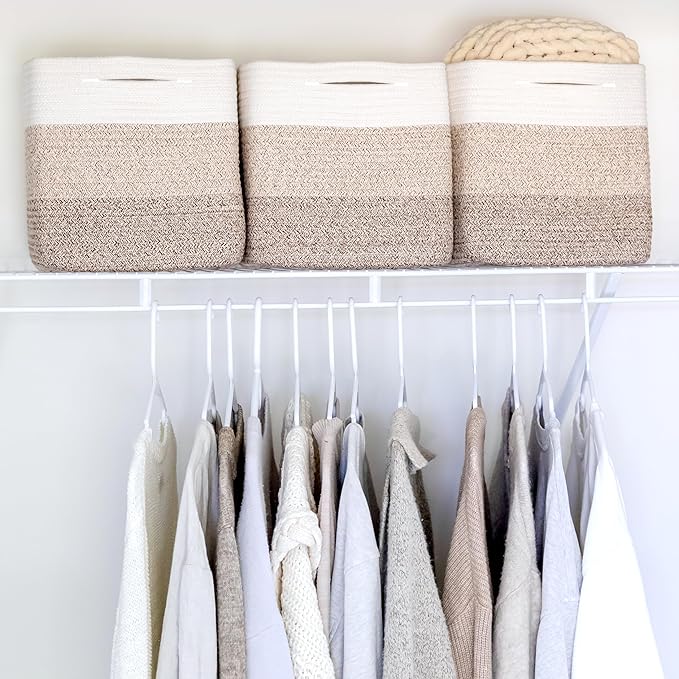 NaturalCozy Storage Cubes 11 Inch Cotton Rope Woven Baskets for Organizing, 3-Pack | Cube Storage Bin | Square Storage Basket