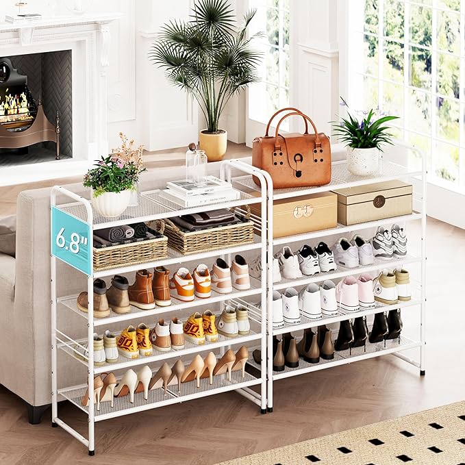SUFAUY 33" Wide Shoe Rack, 5 Tier Shoe Organizer Mesh Free Standing Shoe Storage Shelf for Closet, White