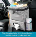 High Road Car Organizer with Car Trash Bin and Tissue Holder - Holds Full Size Tissue Box, Bottles and Wipe Containers - 2 Gal Leakproof Covered Trash Can with Push-Close Lid