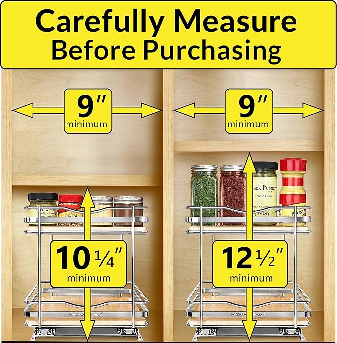 LYNK PROFESSIONAL® Élite™ Pull Out Spice Organization for Cabinets - 8-3/8 inch Wide – Spice Rack for Inside Cabinets – Wood/