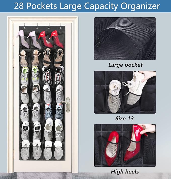 MISSLO 28 Large Pockets Hanging Shoe Organizer Over The Door Shoe Rack for Closet Door Storage Mesh Shoe Holder Hanger for Me