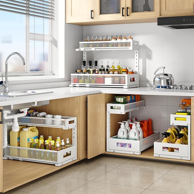 1 Pack 19IN Depth Under Sink Storage Organizer, Large 2-Tier Elegant Mesh Pull Out Shelf for Kitchen and Bathroom Cabinet Org