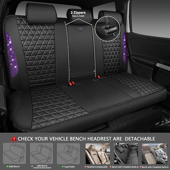 CAR PASS Bling Diamond Leather Car Seat Covers Full Seats Interior Sets, Waterproof Shining Glitter Sparkly Crystal Universal