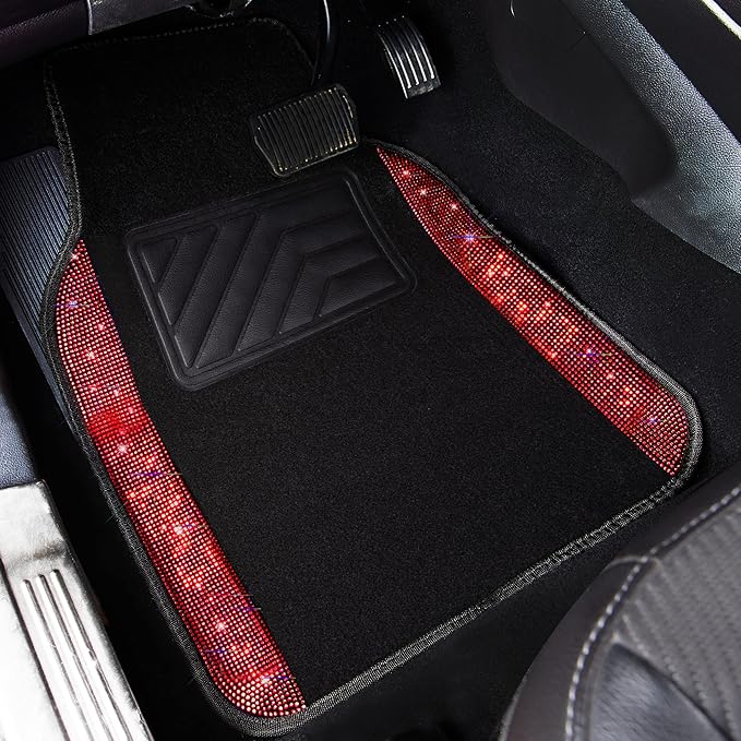 CAR PASS Rhinestone Red Bling Diamond Car Seat Covers Leather Black & Shining Car Floor mats Carpet with Anti-Slip Nibs& Blin