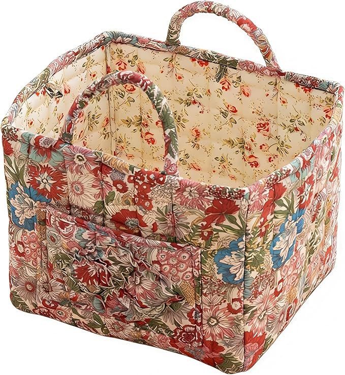Quilted Laundry Basket with Handles - Multi-Purpose Fabric Storage Basket，Boho Fabric Storage Baskets with Handles for Car, H