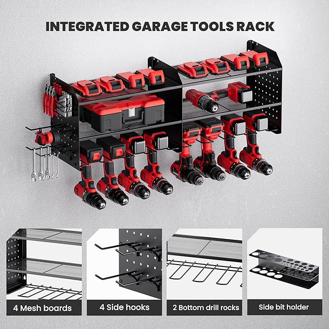 TRZZ 2-in-1 Power Tool Organizer Wall Mount, 3-Layer Drill Holder with 2 Side Pegboards, 8 Drill Holders, 4 Hooks, and 1 Dril