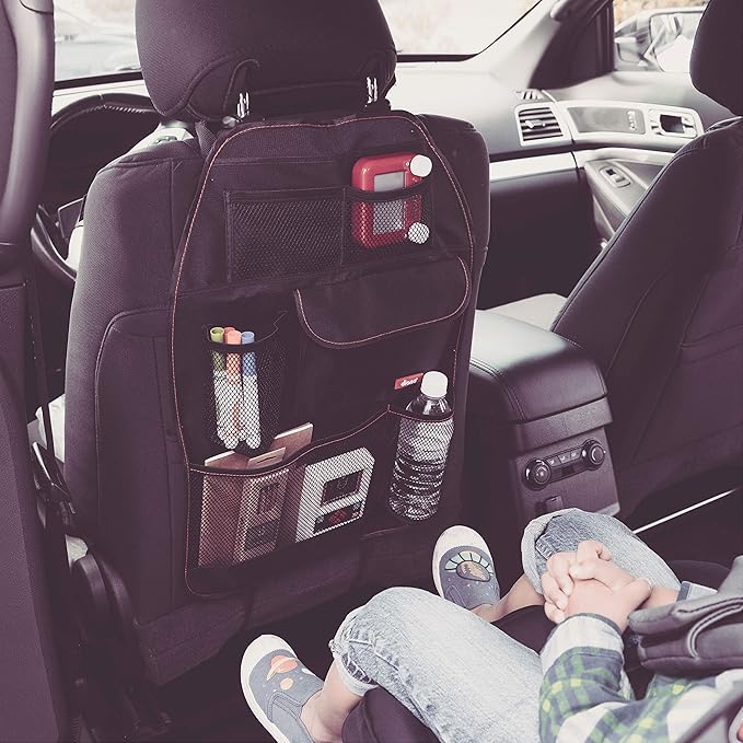 Diono Stow 'n Go Car Back Seat Organizer for Kids, Kick Mat Back Seat Protector, with 7 Storage Pockets, 2 Drinks Holders, Wa