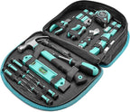 Amazon Basics 104-Piece Home Repair Household Tool Set with Easy Carrying Round Pouch, Portable Hand Tool Kit, Turquoise, 14.
