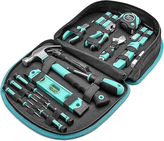 Amazon Basics 104-Piece Home Repair Household Tool Set with Easy Carrying Round Pouch, Portable Hand Tool Kit, Turquoise, 14.