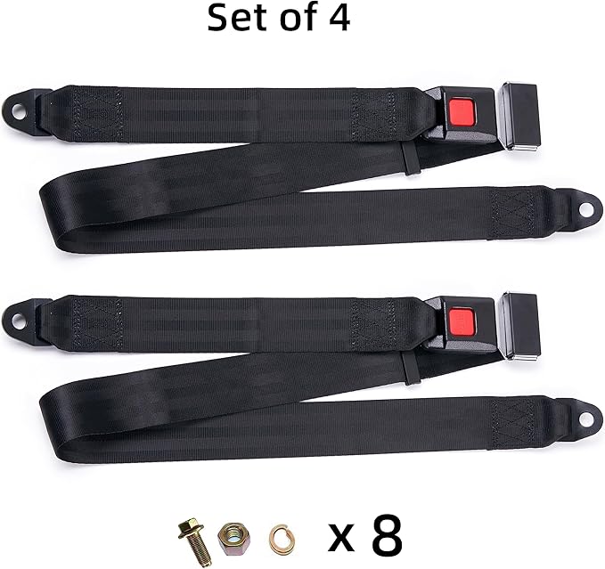 Universal Seat Belt 2 Point Adjustable Belts Harness Kit for Go Kart, Club Golf Cart in Black (54-Inch with Installation Screws) (Set of 4)