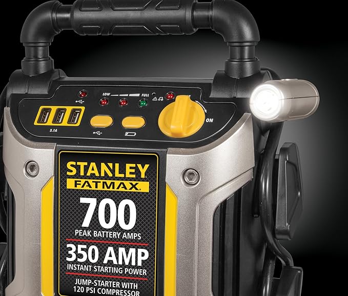 Stanley J7CS 700 Peak Amp Automotive Jump Starter, Portable Power - Triple 15W USB Ports, 120 PSI Air Compressor