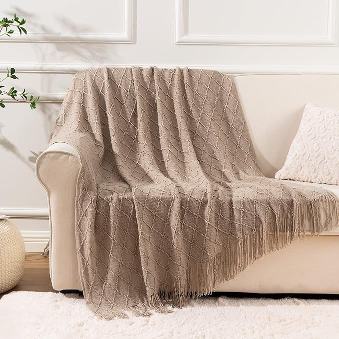 BATTILO HOME Khaki Throw Blanket, Beige Throw Blanket for Couch, End of Bed Throws Spring Decorative Large Throw Tan (Beige, 