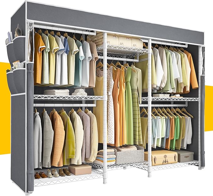 Raybee Clothes Rack with Cover,Clothing Racks for Hanging Clothes Heavy Duty,Portable Closet with Shelves,Adjustable,Loads 90