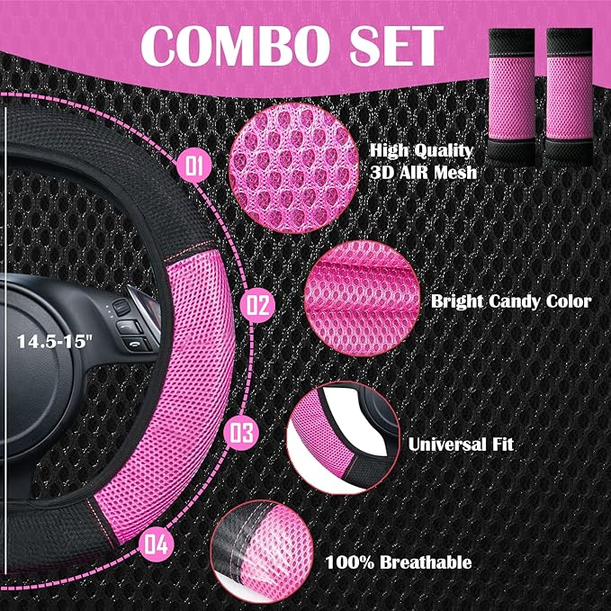 CAR PASS Rainbow Cool Universal Fit Two Front 3D Air Mesh Car Seat Cover with Steering Wheel & Blet Cover-Airbag Compatible (Front Seats only, Black- Pink)