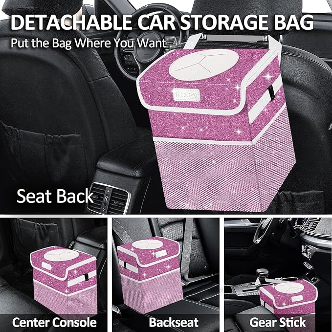 Cute Mini Car Trash Bag with Lid, Glitter Garbage Can Bin Hanging for Back/Front Seat/Console, Waterproof, Leakproof, 2.5 Gallon, Purple Bling Sparkly