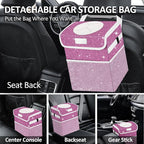 Cute Mini Car Trash Bag with Lid, Glitter Garbage Can Bin Hanging for Back/Front Seat/Console, Waterproof, Leakproof, 2.5 Gallon, Purple Bling Sparkly
