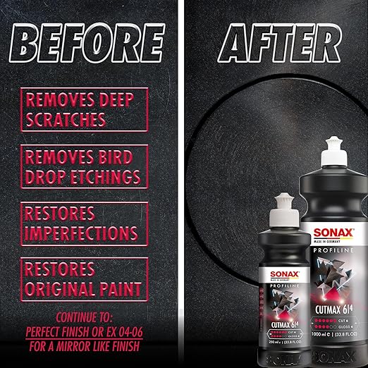 SONAX CutMax Cutting Compound | High-Abrasive Paint Correction Polish for P1500 Grit Sanding Marks | Silicone-Free, Dust-Free, and Odorless | Long Buffing Cycle for Severe Weathered Paint | 24650 | 5L
