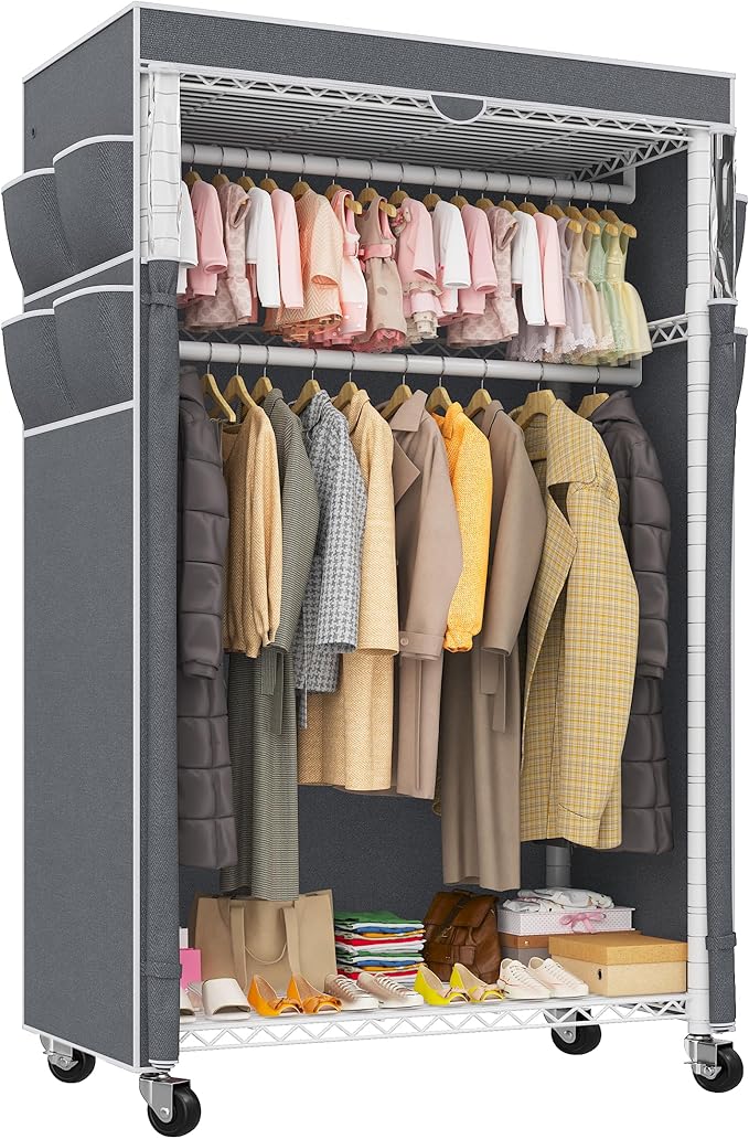 Raybee Rolling Clothes Rack with Cover Clothing Racks for Hanging Clothes Heavy Duty Portable Closet with Wheels Garment Rack