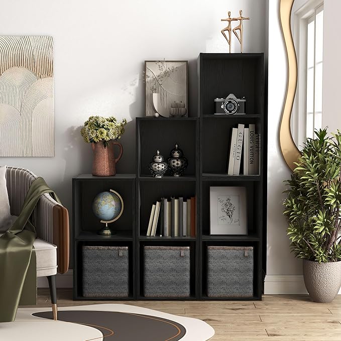 Homes: Inside + Out Apexa 3-Cube Storage Organizer Shelves, Stackable Wood Bookcase Fits Cubby Bins for Organization, Dorm Te