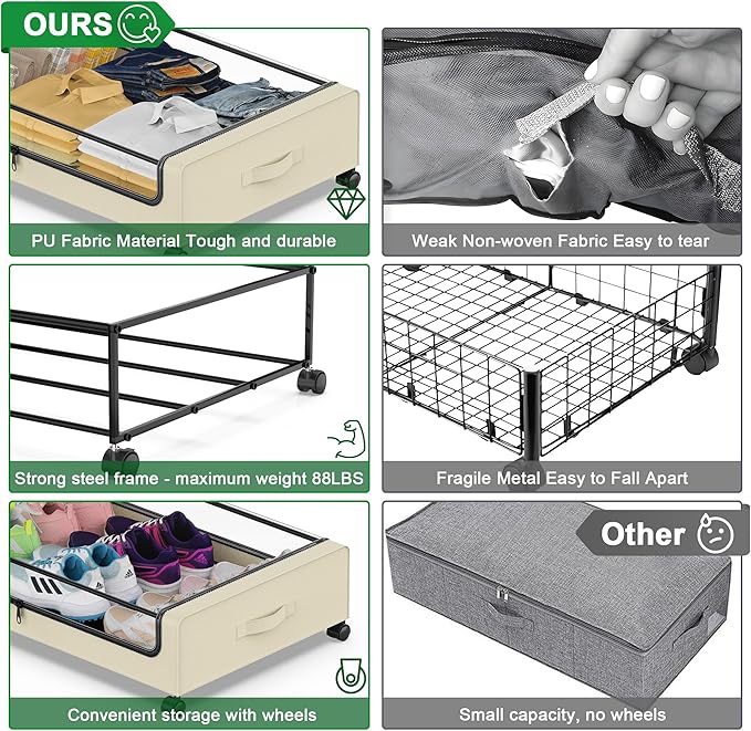 Beborxue Under Bed Storage with Wheels, 4-Pack Under Bed Storage Containers with Clear Lids, XXL 60L Under Bed Shoe Storage O