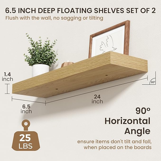 24 Inch Floating Shelves | 6.5 Inch Deep Oak Floating Shelves Set of 2 | 24" W x 6.5" D Rustic Oak Shelves with Invisible Bra