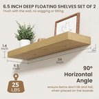 24 Inch Floating Shelves | 6.5 Inch Deep Oak Floating Shelves Set of 2 | 24" W x 6.5" D Rustic Oak Shelves with Invisible Bra