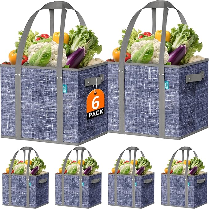 Fab totes Reusable Grocery Bags, Large Foldable Shopping Tote Bags with Reinforced Handles & Hard Bottom,6 Pack,Blue