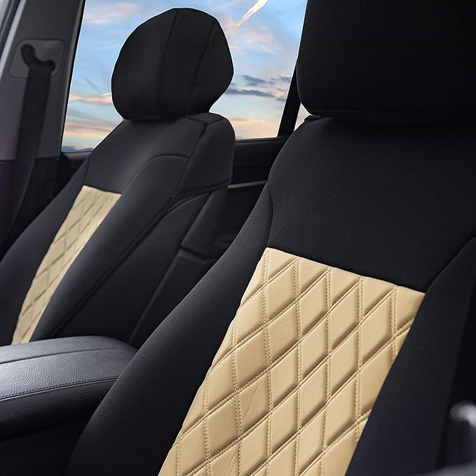 FH Group Car Seat Cover Cushion - 2 Pack Seat Covers for Cars Trucks SUV, Beige Black Neosupreme Car Seat Cushions, Waterproo