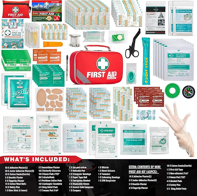 General Medi 2-in-1 First Aid Kit (215 Piece Set) + 43 Piece Mini First Aid Kit -Includes Ice(Cold) Pack, Moleskin Pad and Em