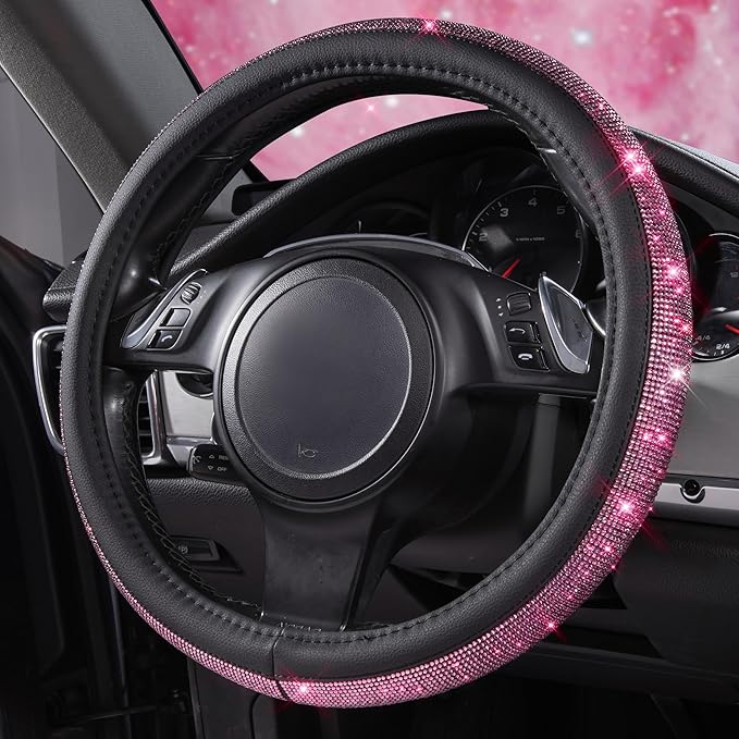 CAR PASS 11 PCS Bling Diamond Car Accessories Set for Women, Sparkly Rhinestone Steering Wheel Cover, Bling Seat Belt Cushion