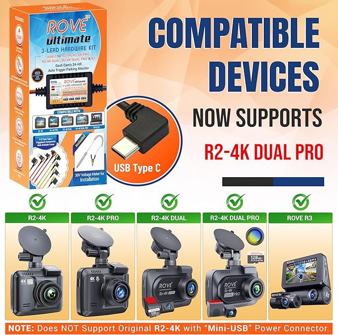 ROVE Ultimate Dash Cam Hardwire Kit with USB-C Port for R2-4K, R2-4K PRO, R2-4K Dual, R2-4K Dual PRO, and R3 Dash Camera Mode