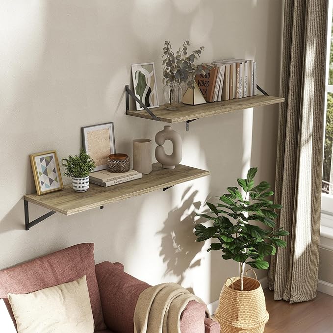 Deep Floating Shelves Wall Mounted, 36"x12" Gray Wall Shelves with Brackets Set of 2 for Bedroom, Living Room, Bathroom, Kitc