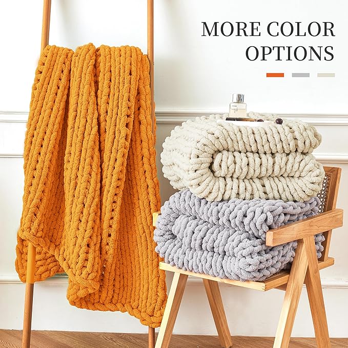 Admitrack Chunky Knit Blanket Throw, 100% Hand Knit Chenille Throw Blanket for Sofa & Home Decor, Soft and Cozy Knitted Throw