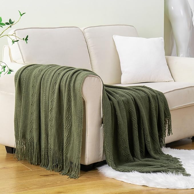 BATTILO HOME Olive Green Throw Blanket for Couch, Soft Army Green Blanket with Tassels for Home Decor, Decorative Knitted Thr