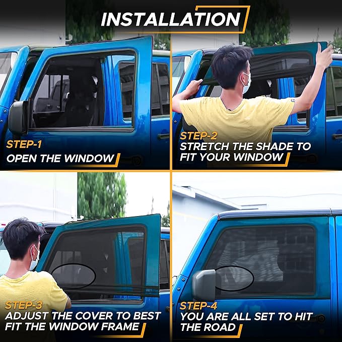 EcoNour Front Window Shade for Jeep Wrangler | Mesh Window Shade for Side Windows Sun Glare & UV Protection | Wrangler Sun Shades for Front Window | Adjustable Elastic Fabric Window Shade for Jeep