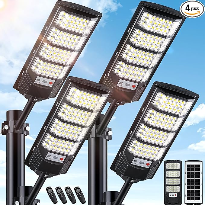 4 Pack Solar Street Lights Outdoor Waterproof, 6500K LED Motion Sensor Lights, Dusk to Dawn Solar Flood Lights with Remote,Parking Lot Light,Commercial Area Lighting for Outside