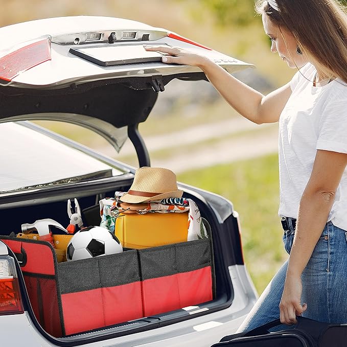 YSSOA 2 Compartments Car Trunk Organizer, 600D Oxford Polyester Car Storage, Anti-slip 14" D x 22" W x 12" H Collapsible