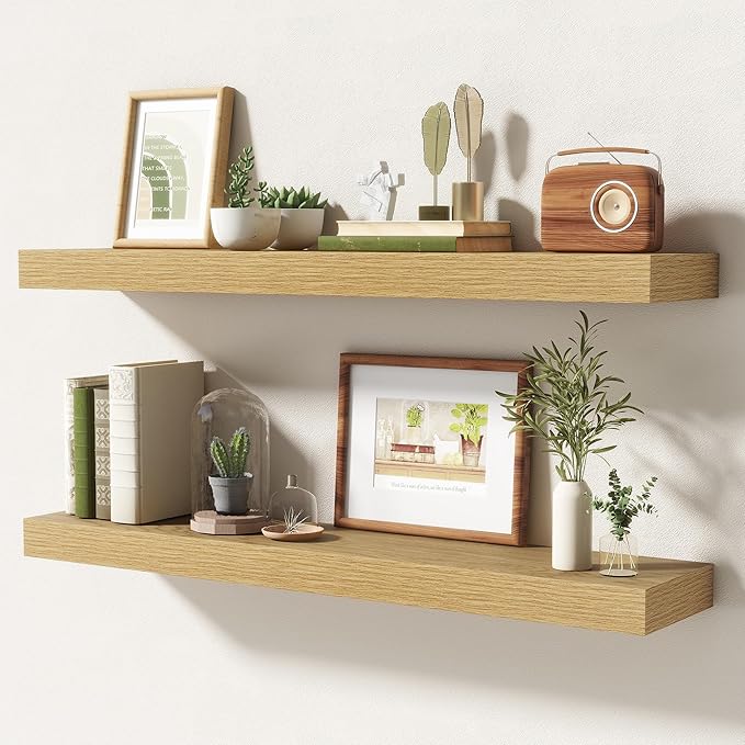 32 Inch Floating Shelves | 6.5 Inch Deep Oak Floating Shelves Set of 2 | 32" W x 6.5" D Rustic Oak Shelves with Invisible Bra