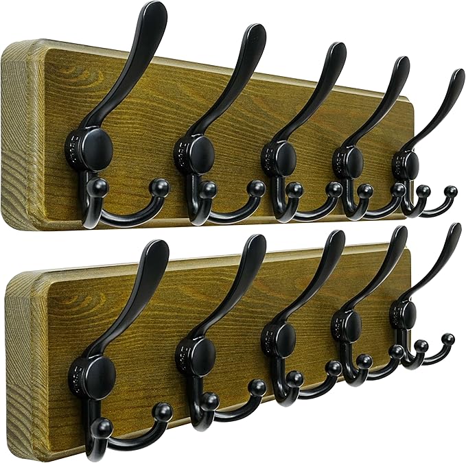 Dseap Coat Rack Wall Mount - Heavy-Duty Robust Barnwood-Style Wooden Wall Coat Hanger Hook Rail with 5 Triple Hooks for Winte